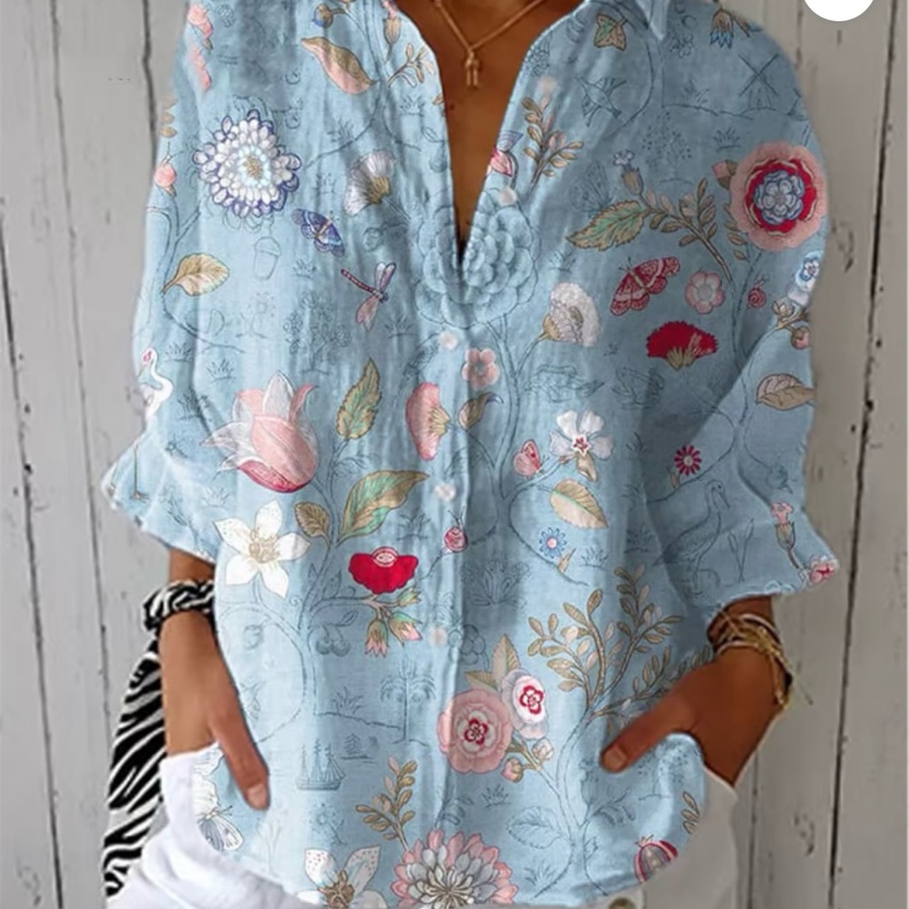 Women's Vintage Botanical Floral Art Print Lapel Shirt by USA COMFY CLOTHES.